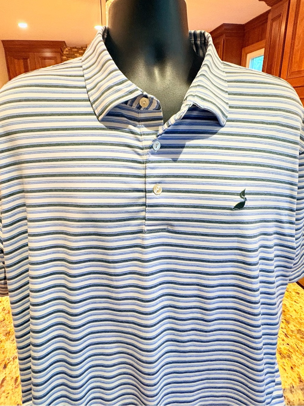 Peter Millar men’s performance polo. Sharp Blue and White Striped with logo. XL